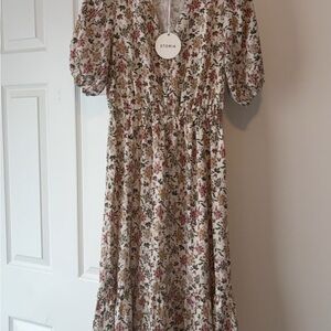 Storia Floral Midi Dress - Cream and Pink